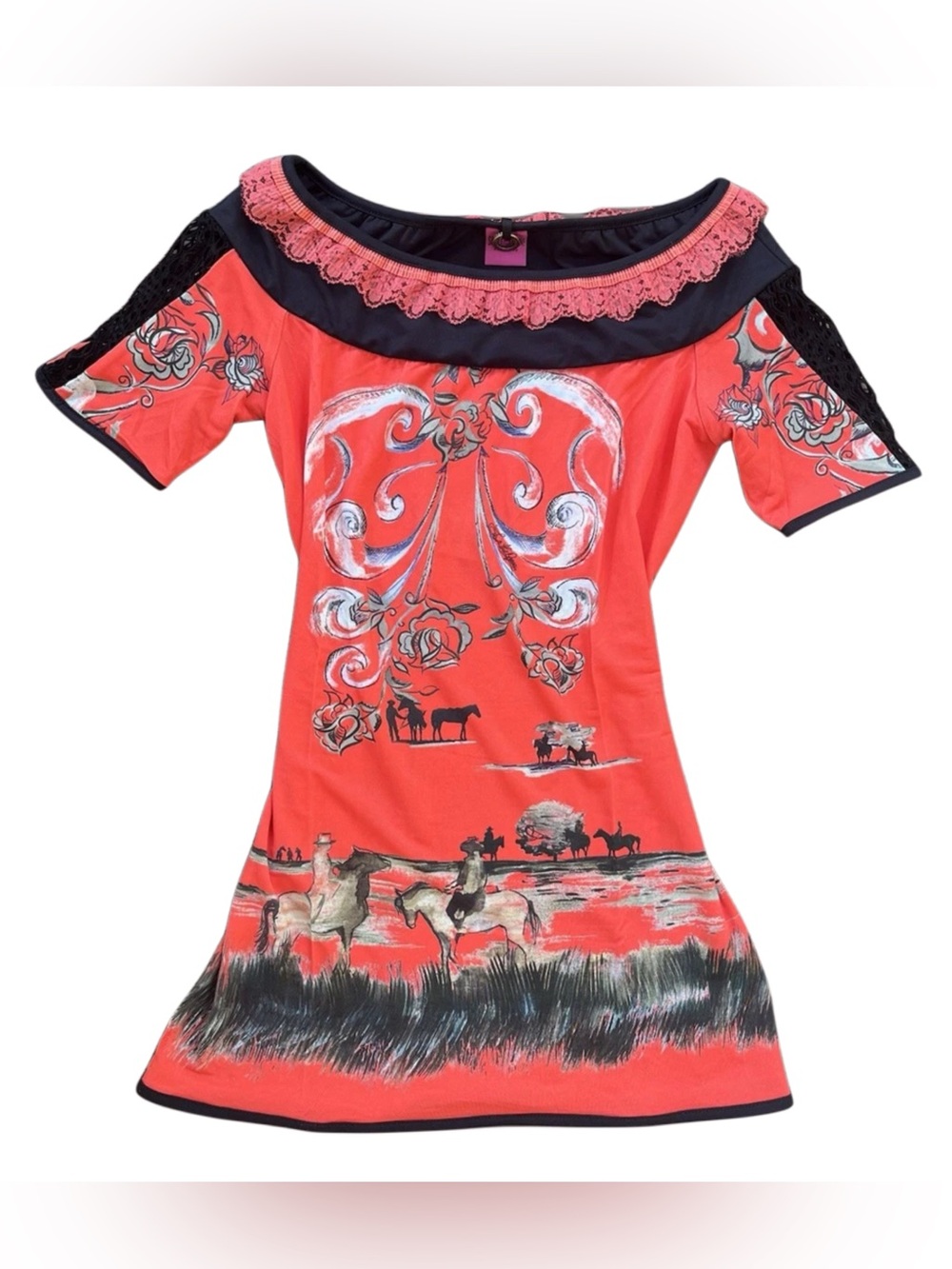 Save the Queen Y2K Red Stretch Fitted Top Boat Neck Lace Net Detail